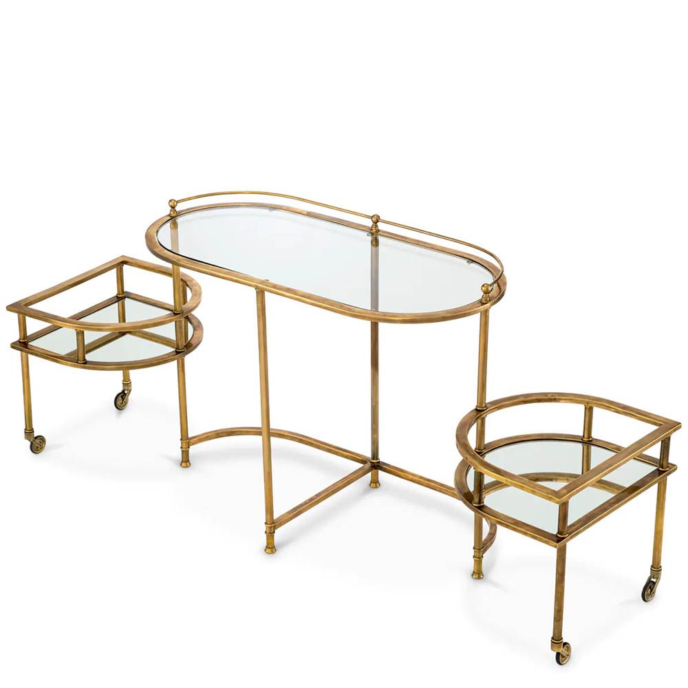 Vintage brass trolley paired with elegant mirrored glass top and clear glass layer