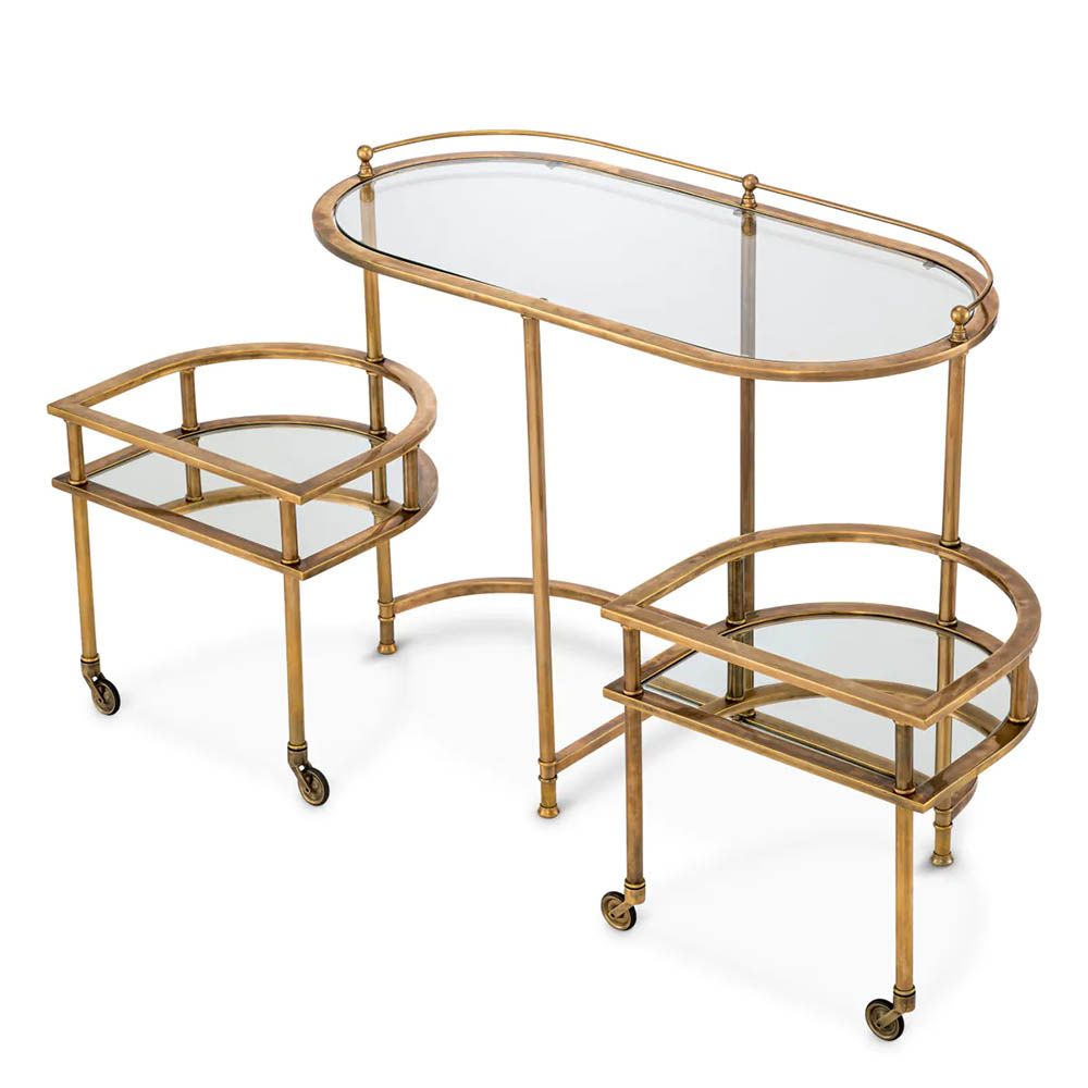 Vintage brass trolley paired with elegant mirrored glass top and clear glass layer