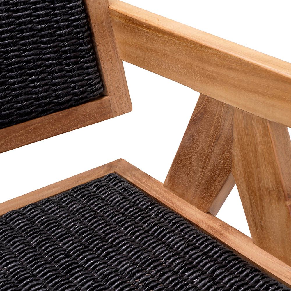 Artistic black woven chair with warm wooden frame