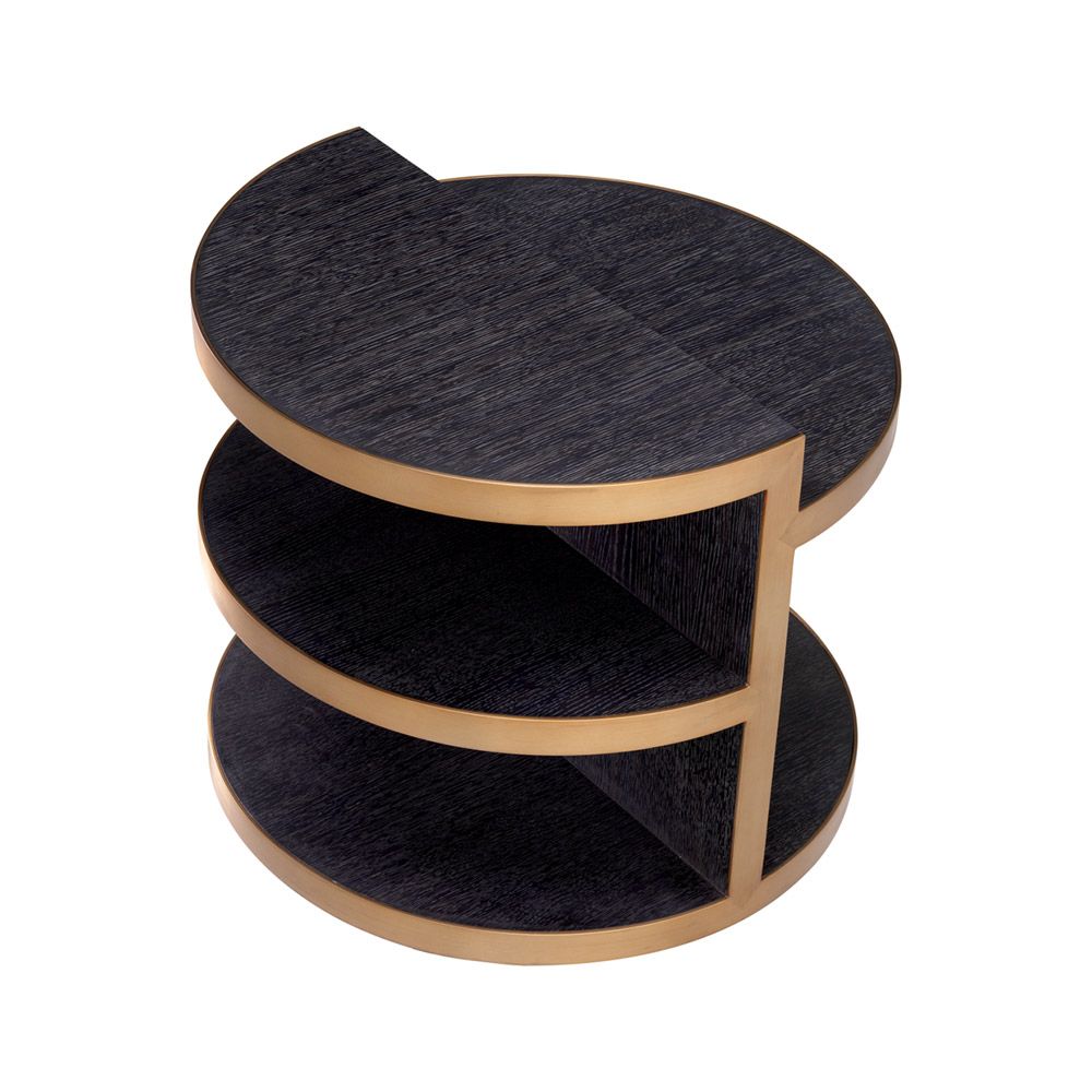 Gorgeous round side table with layered shelving and brass edges