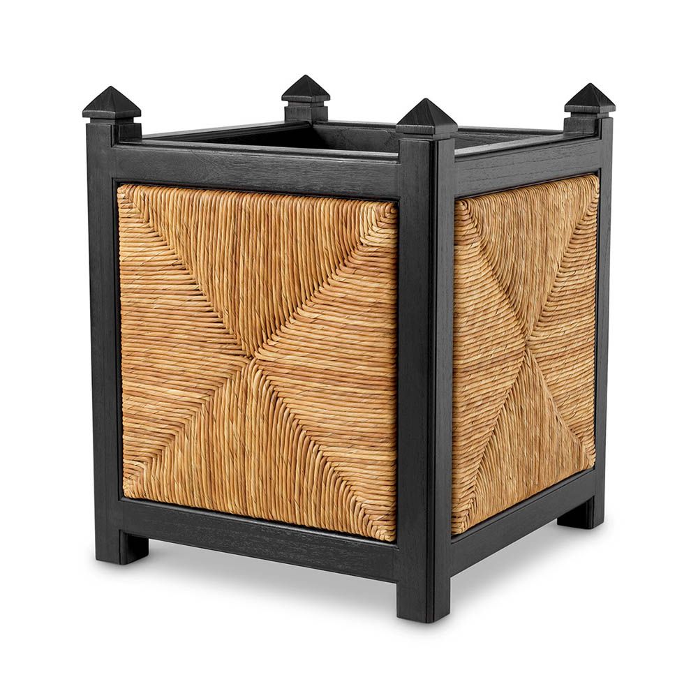 Black wooden planter with rattan