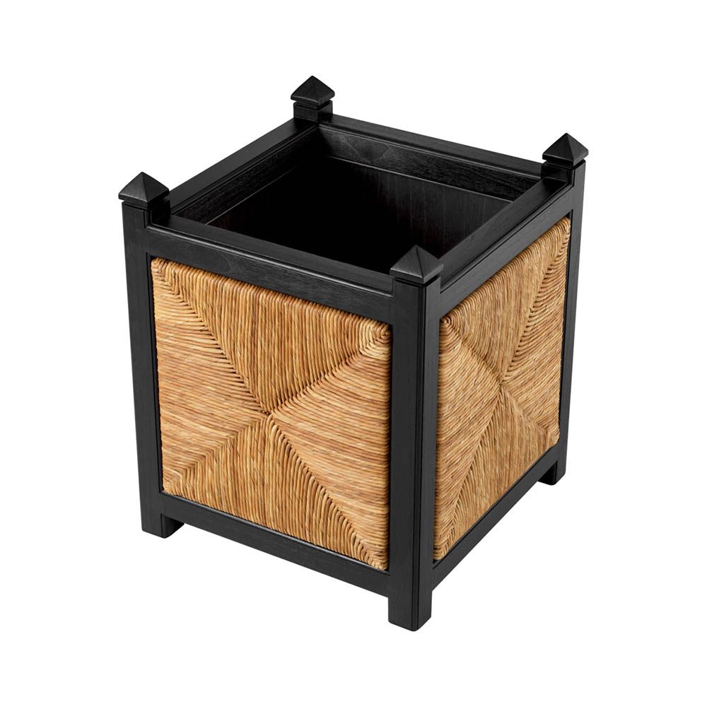 Black wooden planter with rattan