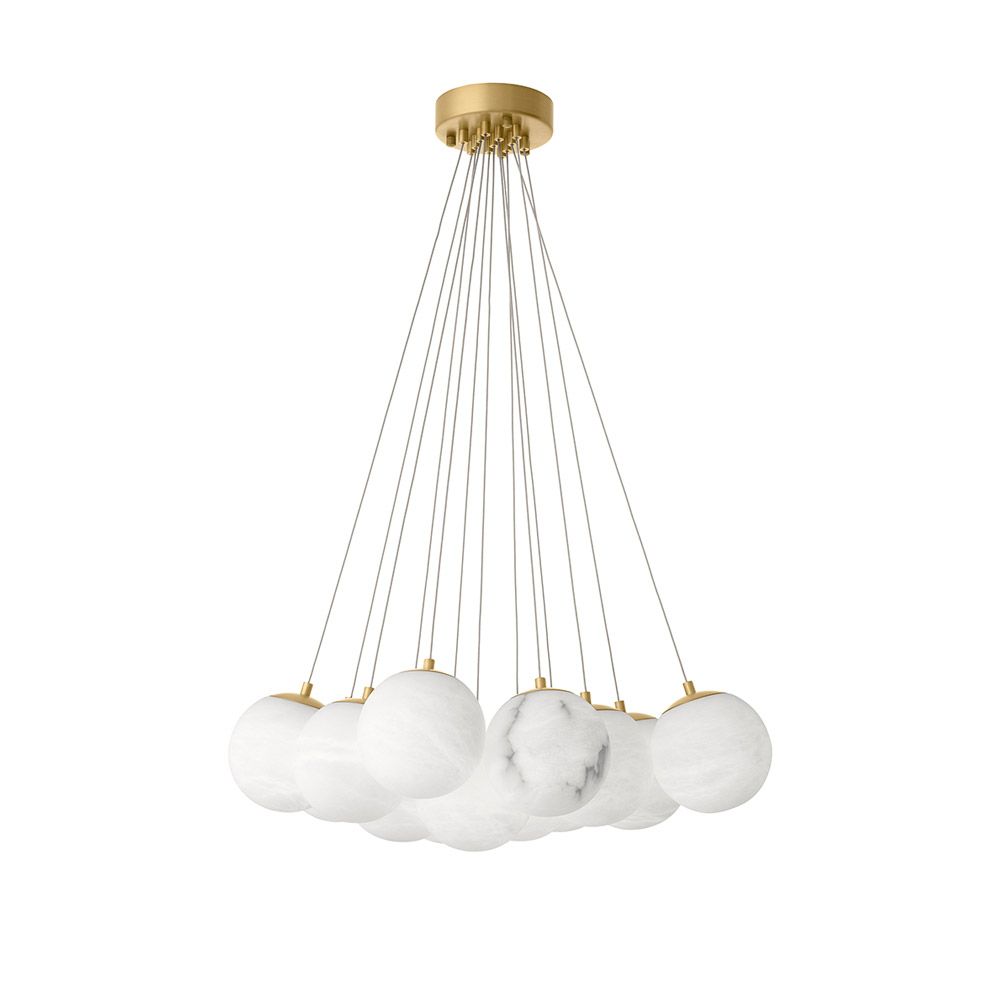 Elegant chandelier featuring suspended orb design and brass plate