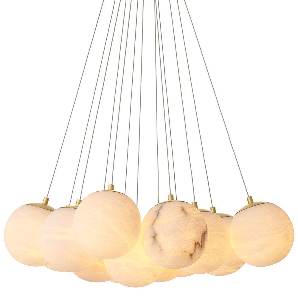 Elegant chandelier featuring suspended orb design and brass plate