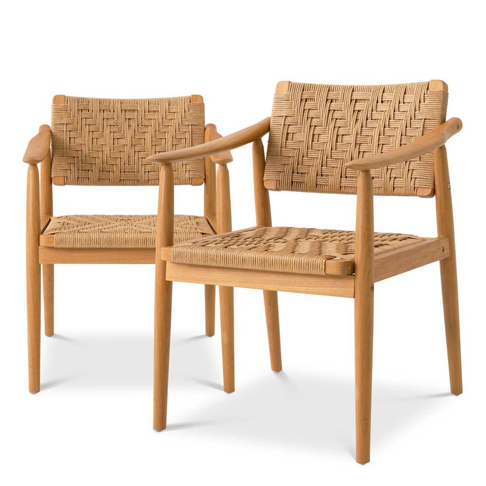 Set of two woven chairs with teak wood frames