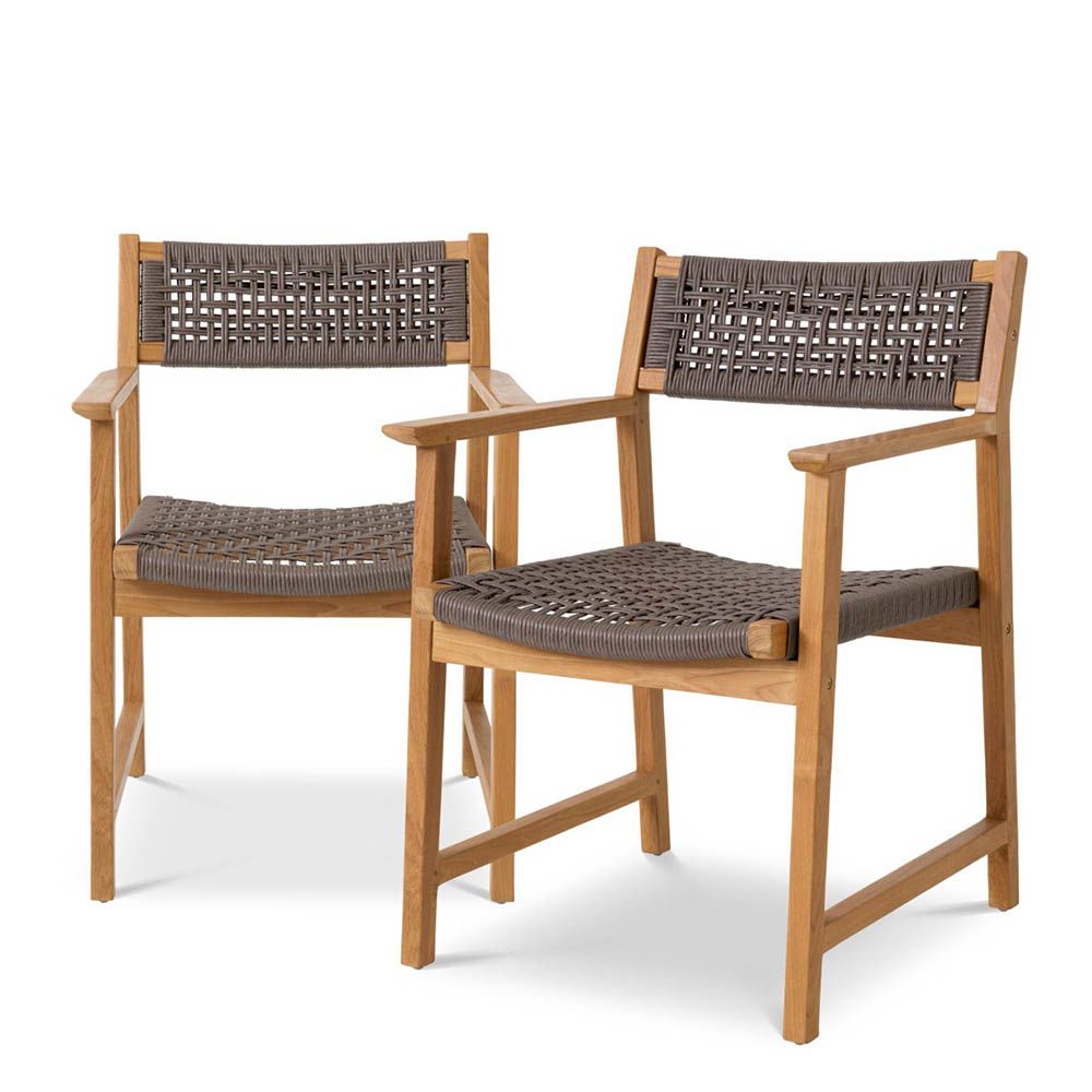 Teak framed dining chair with grey woven seat and back rest