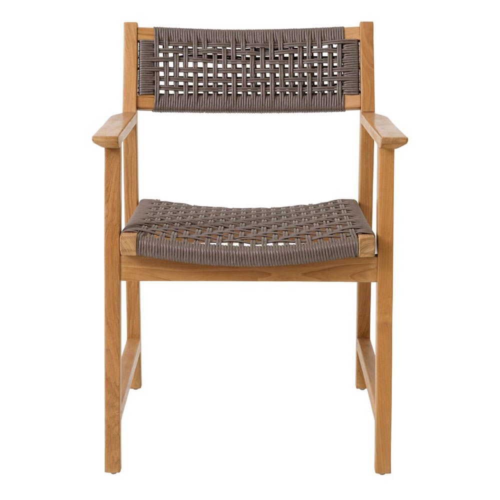 Teak framed dining chair with grey woven seat and back rest