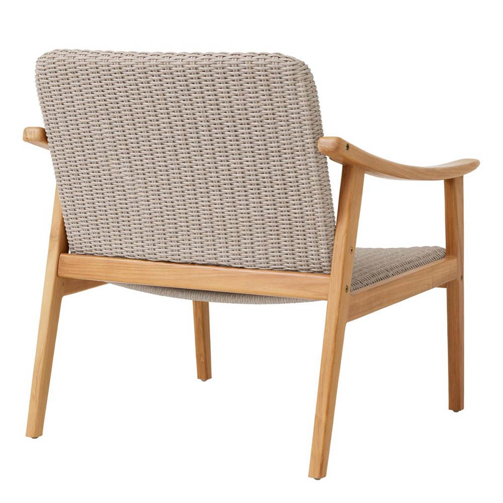 Elegant taupe coloured woven armchair for indoor or outdoor use