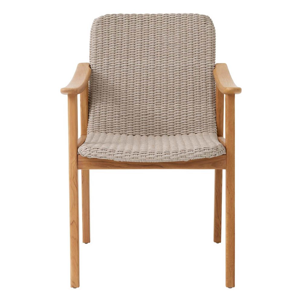 Gorgeous grey outdoor dining chair with teak wood frame and woven seat and backrest
