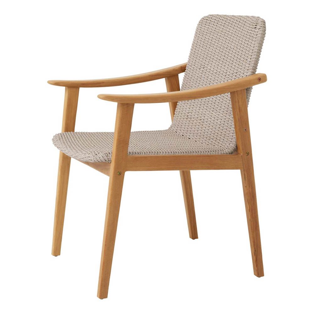 Gorgeous grey outdoor dining chair with teak wood frame and woven seat and backrest