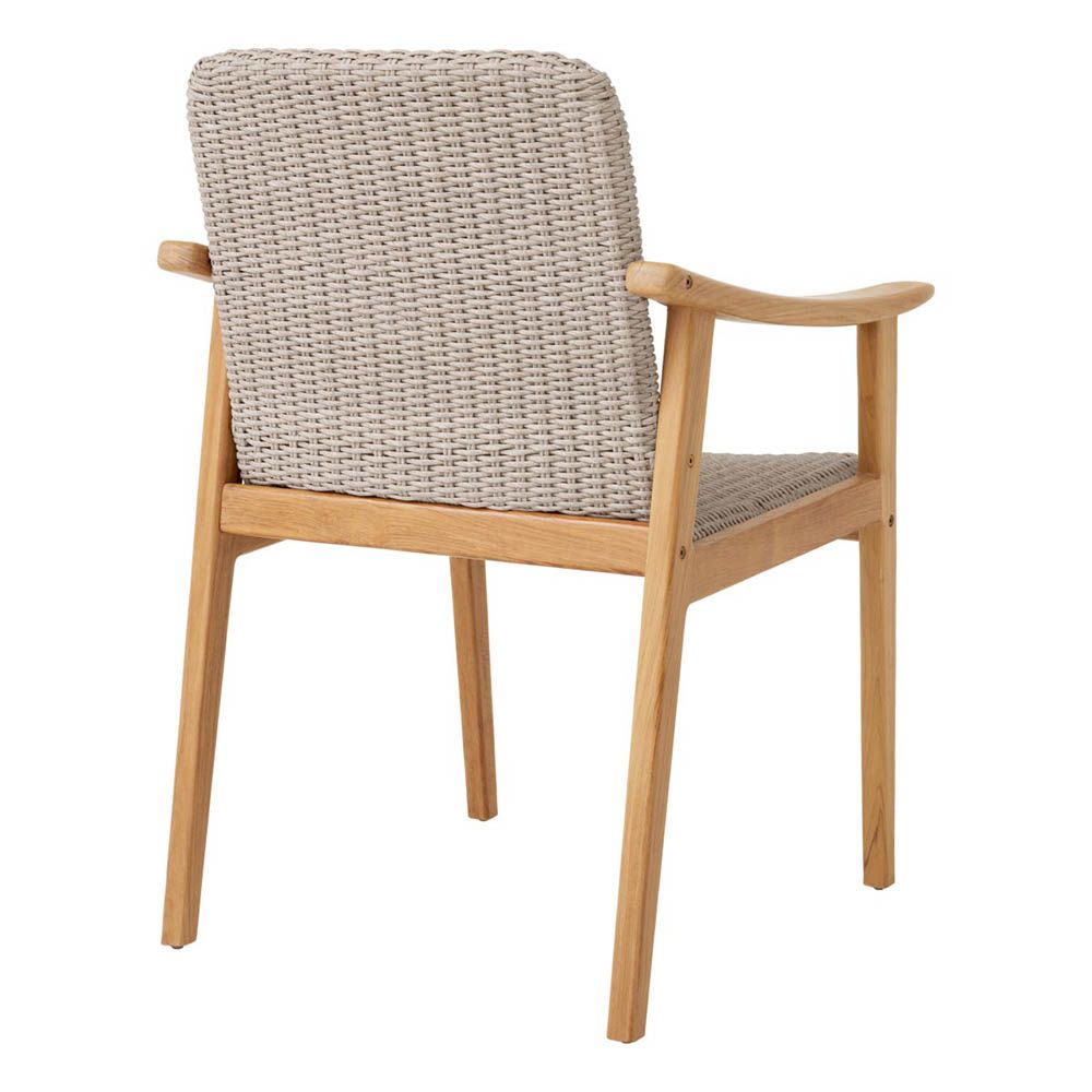 Gorgeous grey outdoor dining chair with teak wood frame and woven seat and backrest