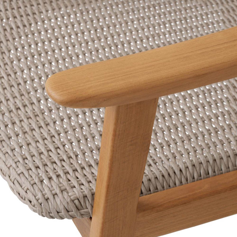 Gorgeous grey outdoor dining chair with teak wood frame and woven seat and backrest