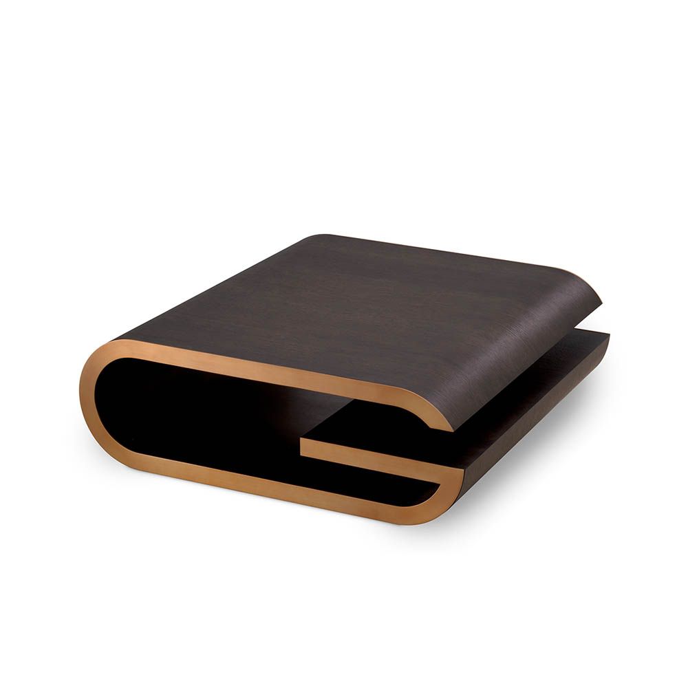 Elegant low coffee table with brass details and curved edges
