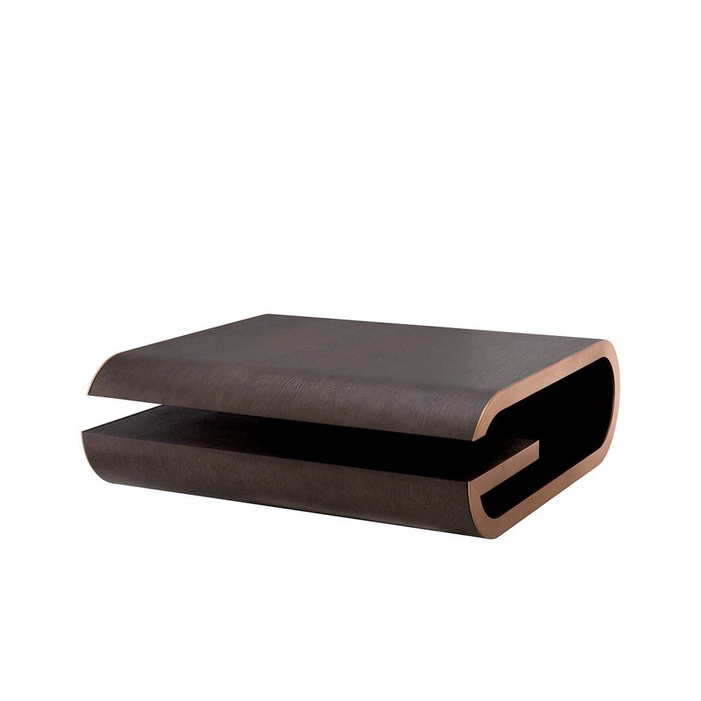 Elegant low coffee table with brass details and curved edges