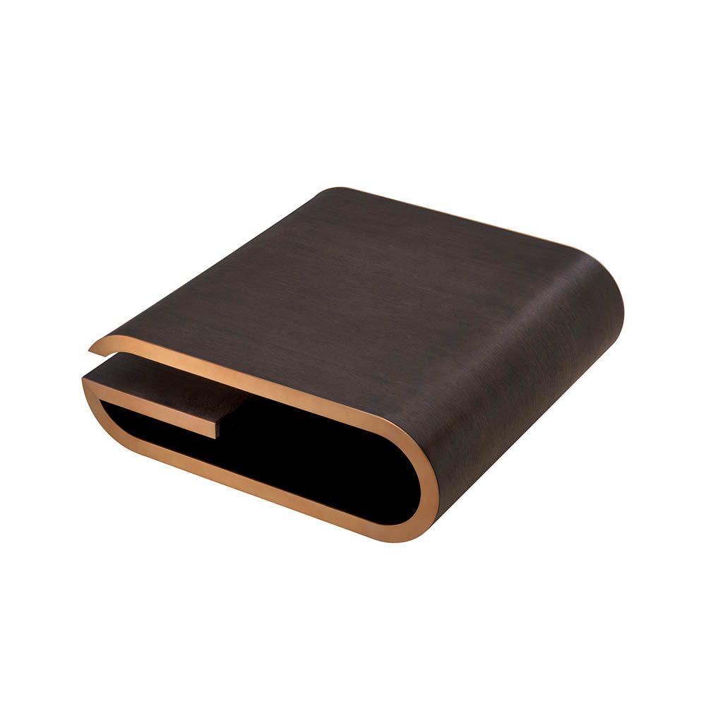 Elegant low coffee table with brass details and curved edges