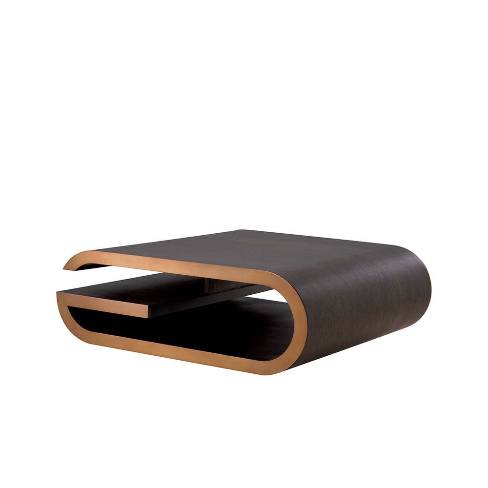 Elegant low coffee table with brass details and curved edges