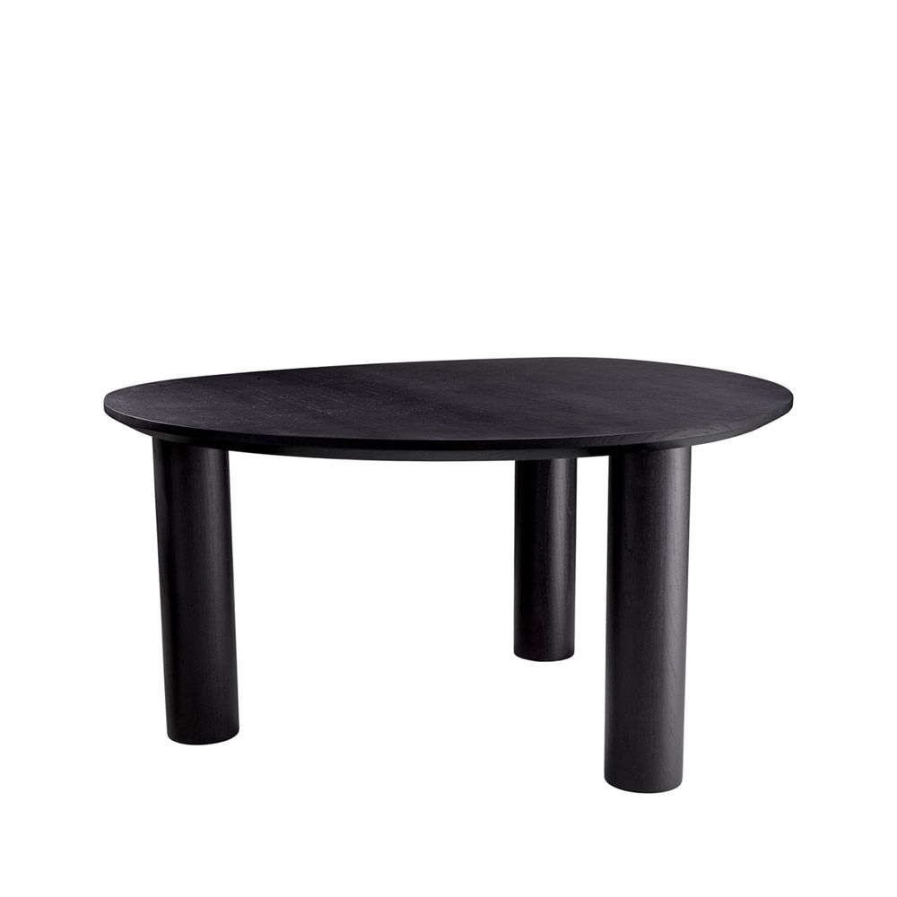 A luxurious black dining table by Eichholtz with a rounded table top 
