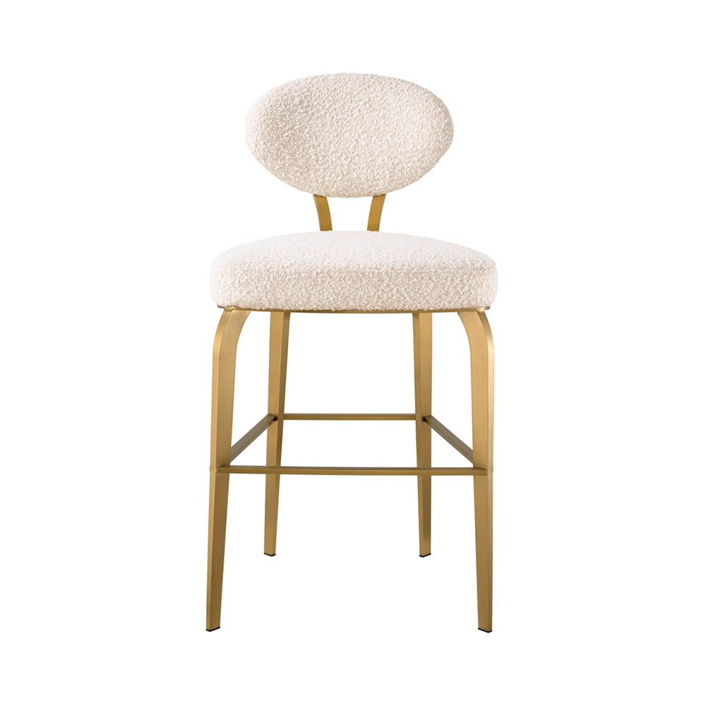 Luxurious boucle counter stool with rounded back and brass legs