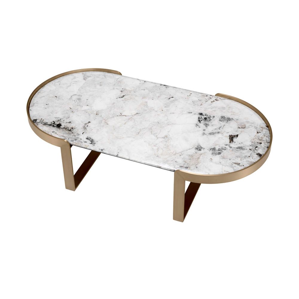 Brass table with oval-shaped marble top