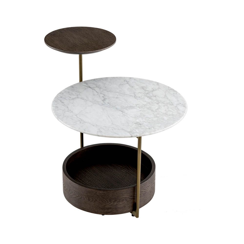 Brown wooden side table with brass detail and marble top