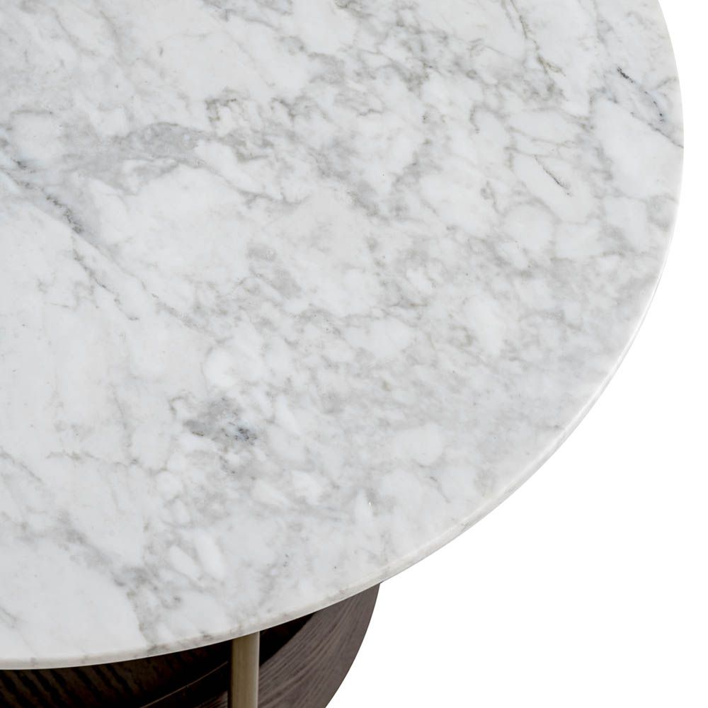 Brown wooden side table with brass detail and marble top
