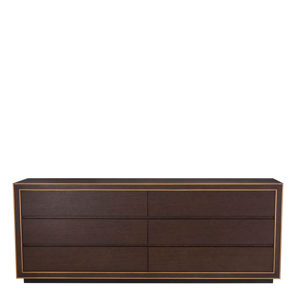 Low brown oak veneer dresser with brass detail