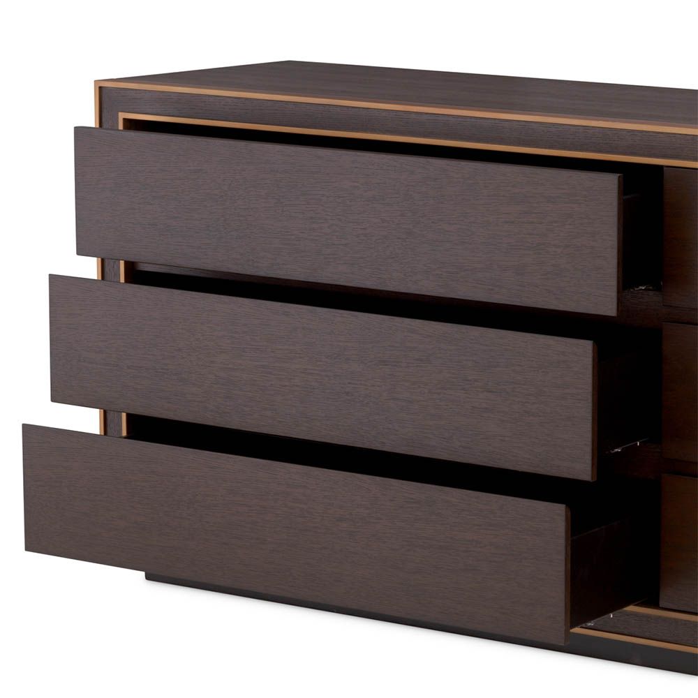 Low brown oak veneer dresser with brass detail