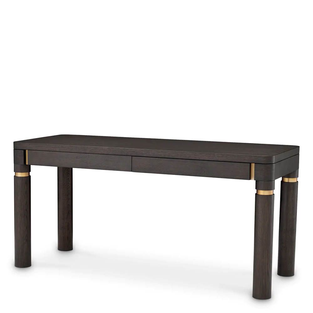 Smooth rectangular mocha oak desk with brushed brass details