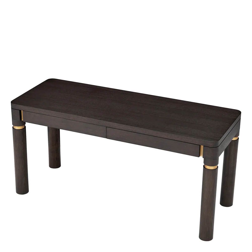 Smooth rectangular mocha oak desk with brushed brass details