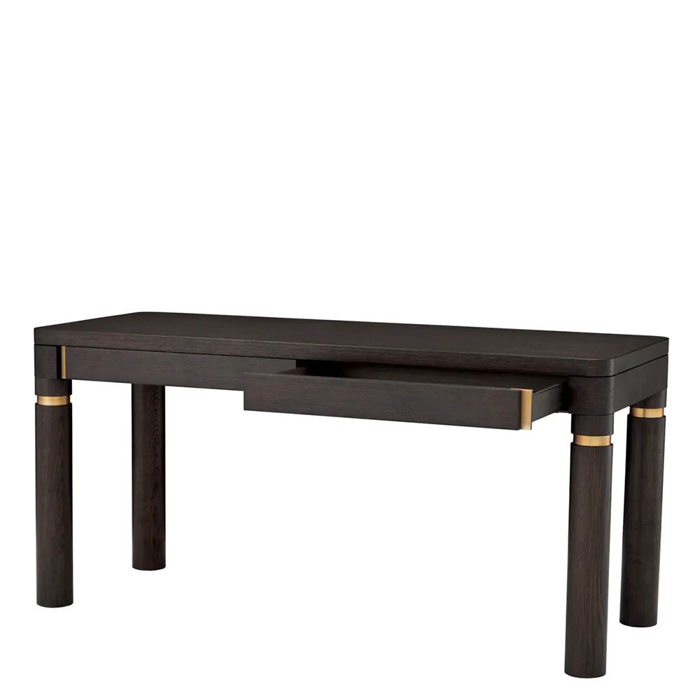 Smooth rectangular mocha oak desk with brushed brass details