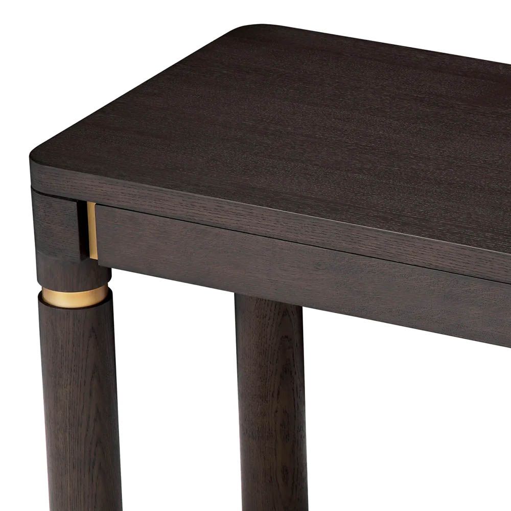Smooth rectangular mocha oak desk with brushed brass details