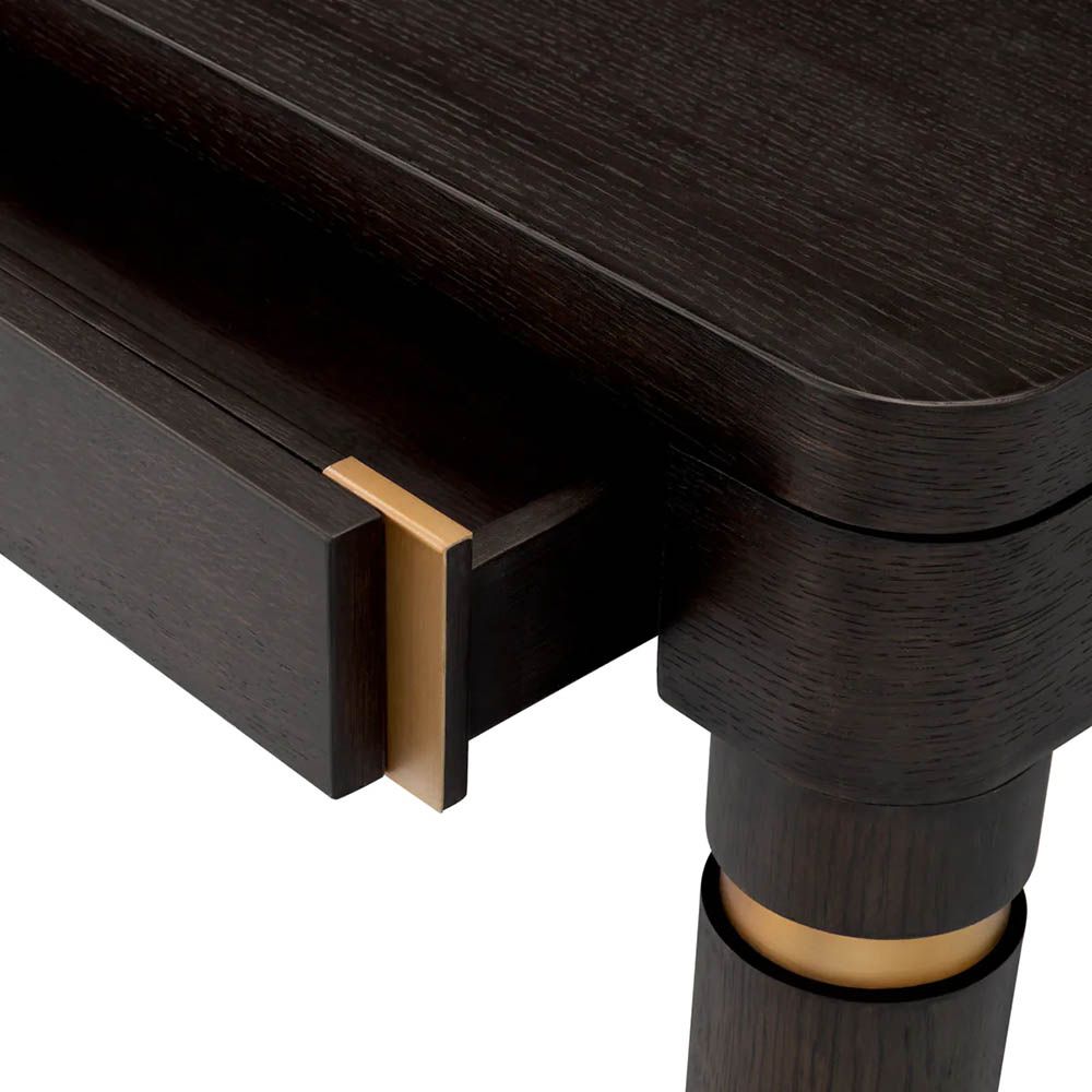 Smooth rectangular mocha oak desk with brushed brass details