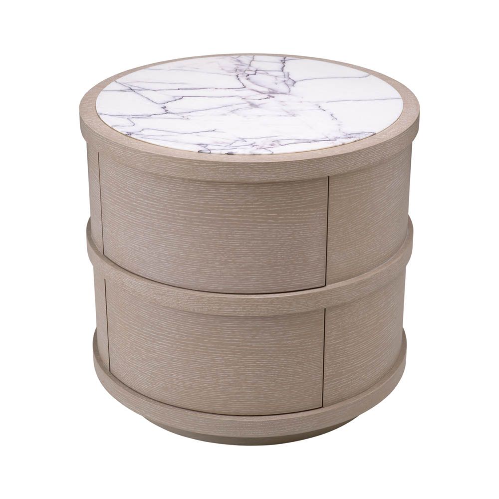 Round washed oak bedside table with marble top