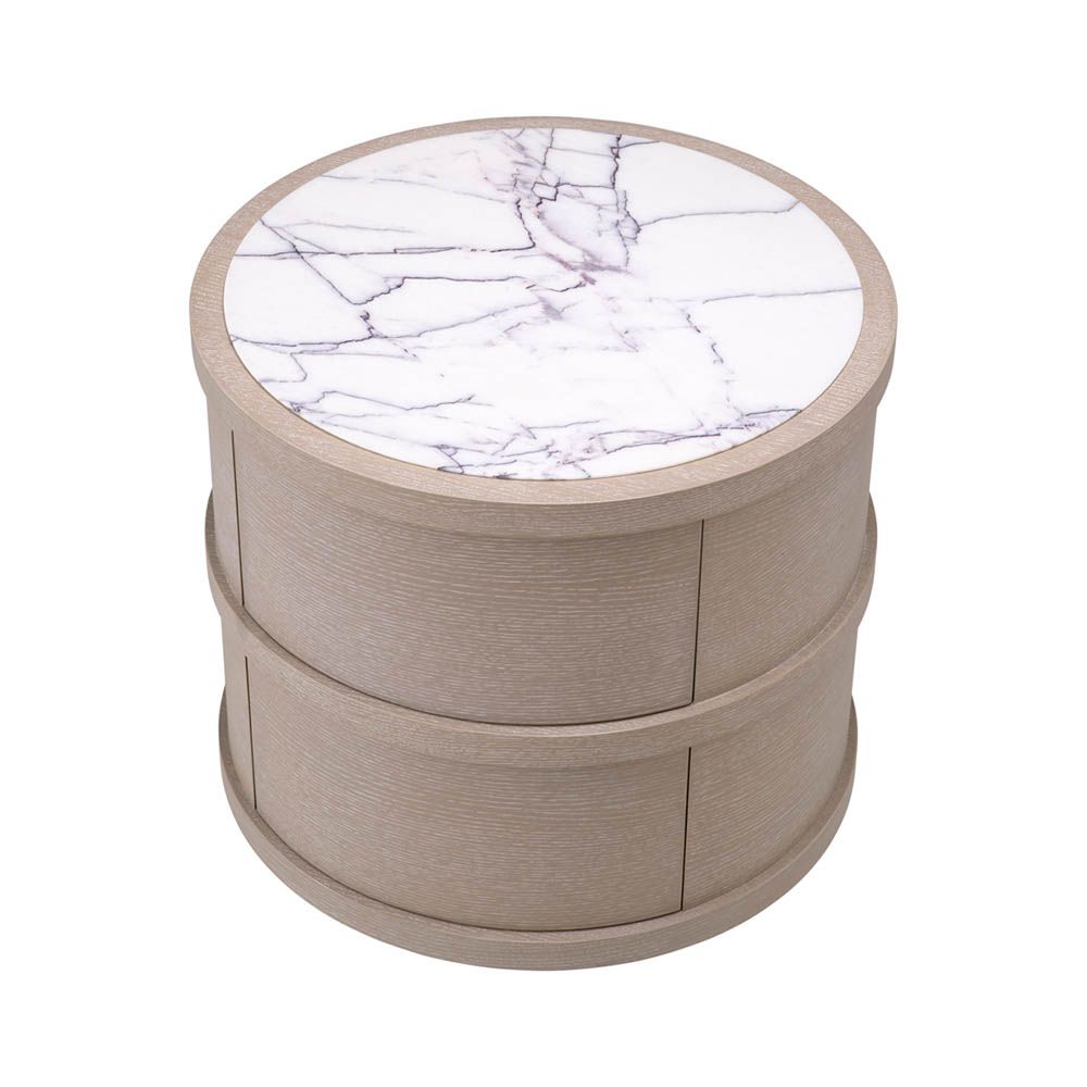 Round washed oak bedside table with marble top