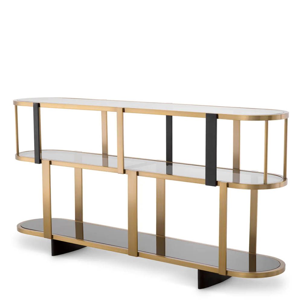 Brass display cabinet with rounded form and glass accents