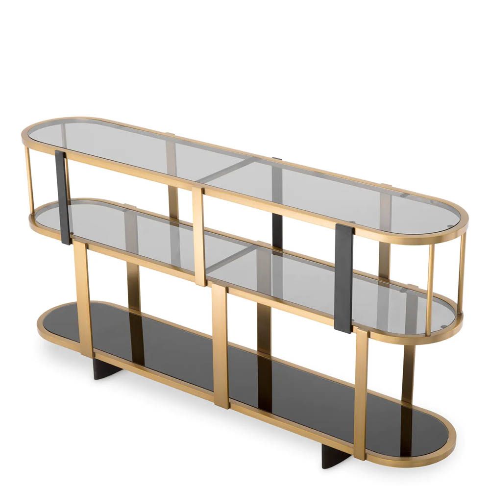 Brass display cabinet with rounded form and glass accents