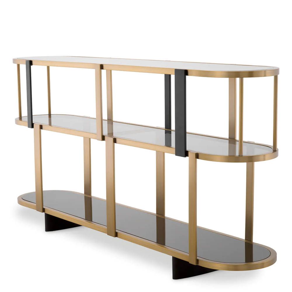Brass display cabinet with rounded form and glass accents