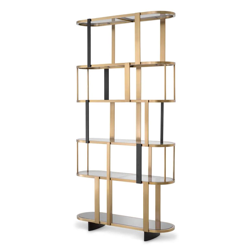 Sophisticated round display cabinet with shelving finished in brass