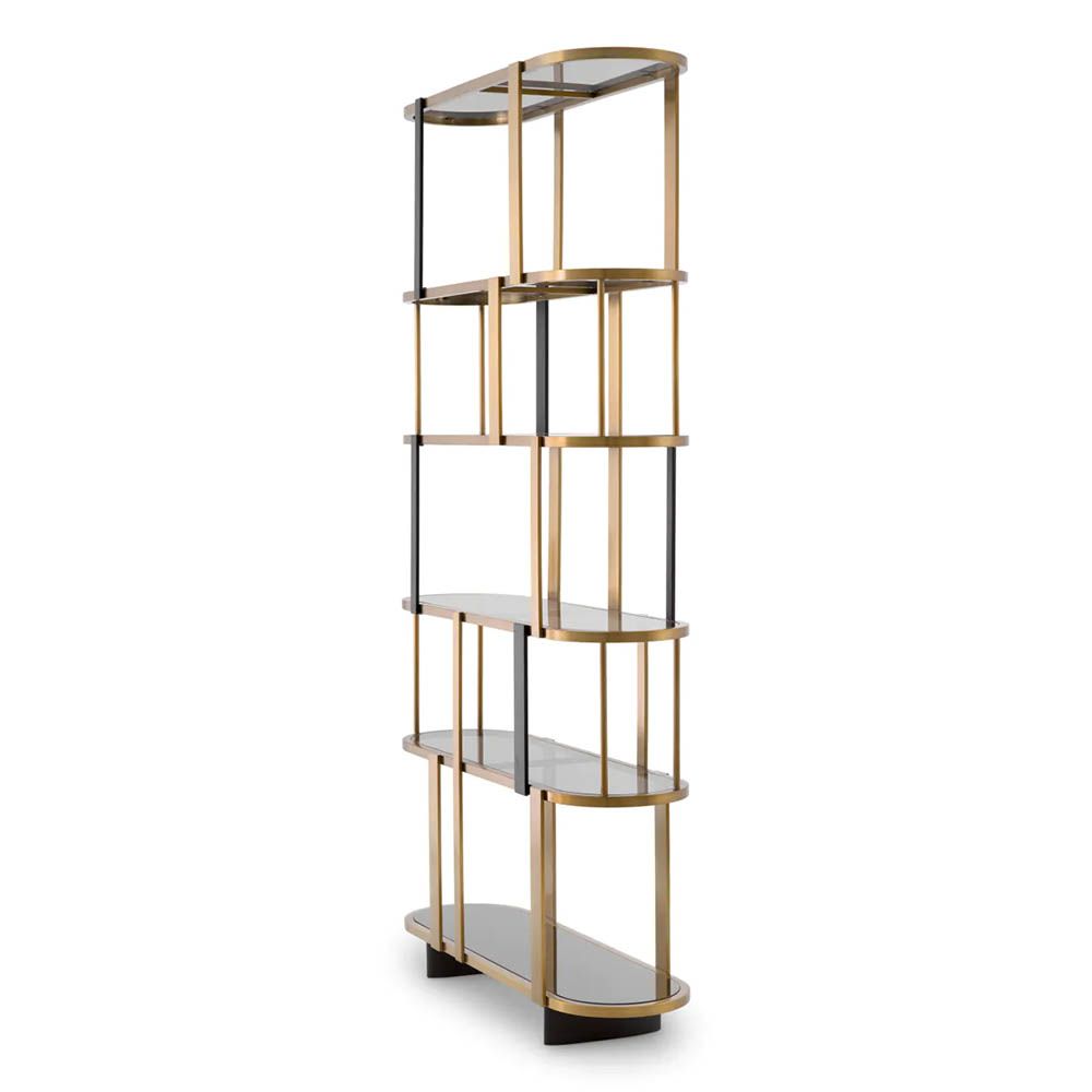 Sophisticated round display cabinet with shelving finished in brass