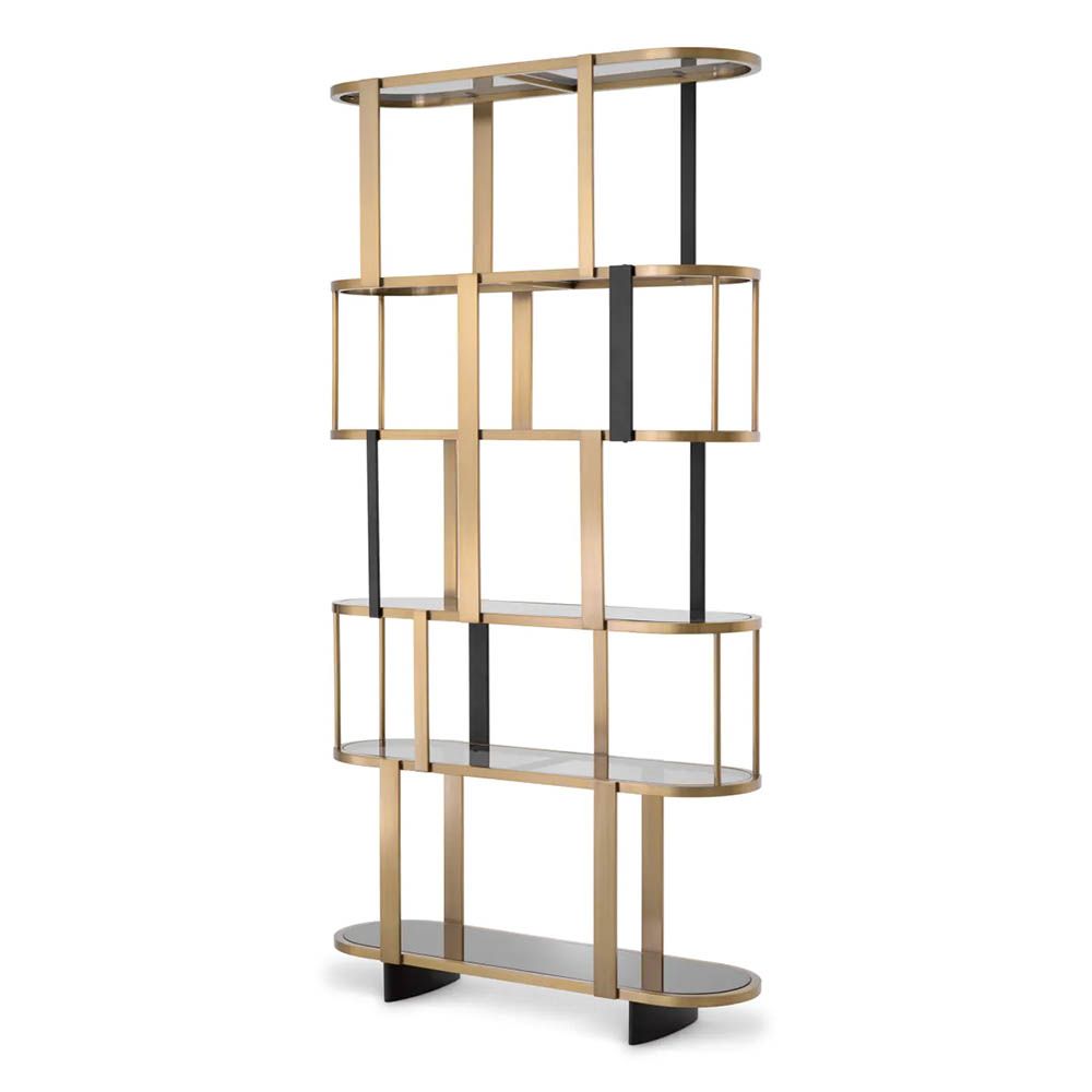 Sophisticated round display cabinet with shelving finished in brass