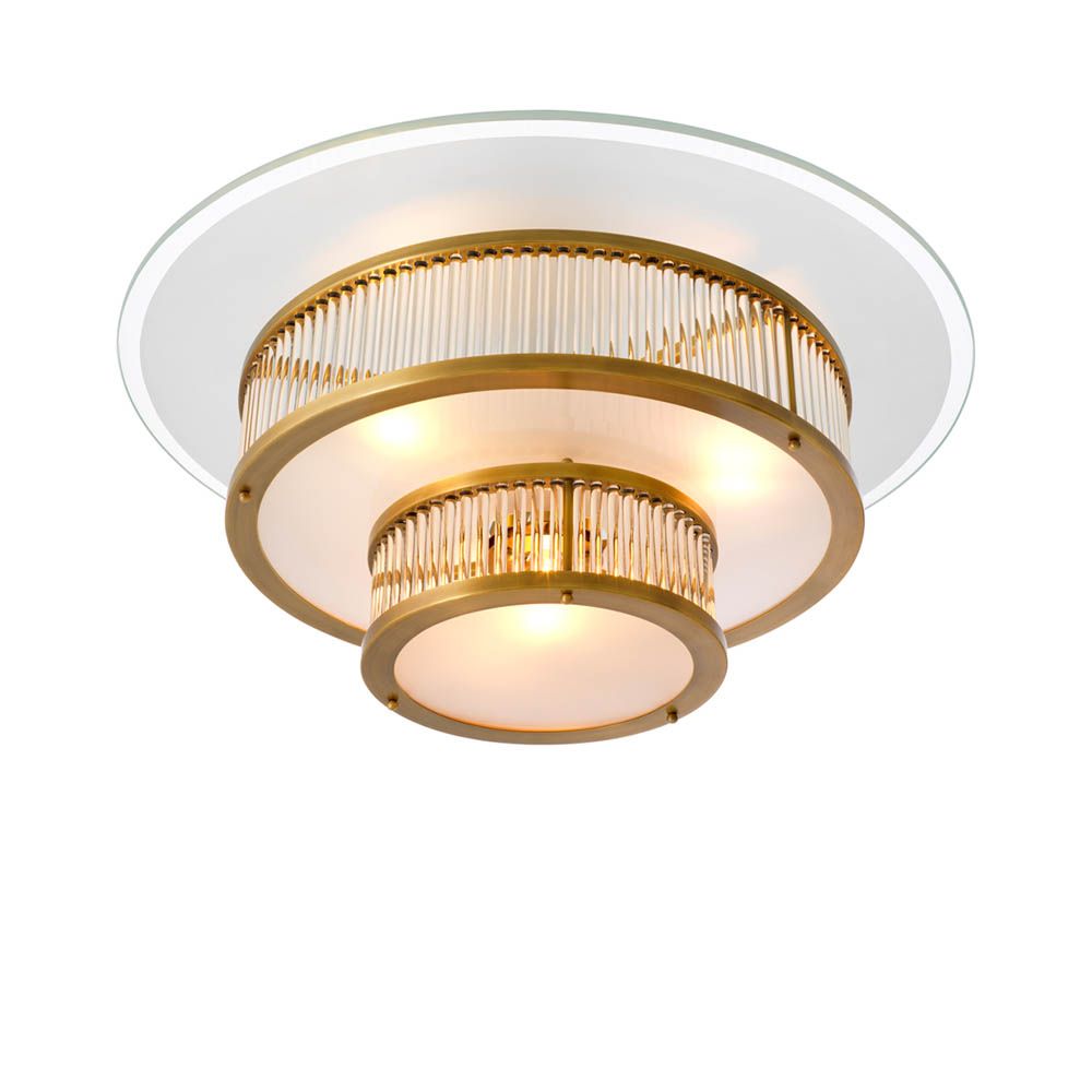 Antique brass ceiling light with layered clear and white glass 