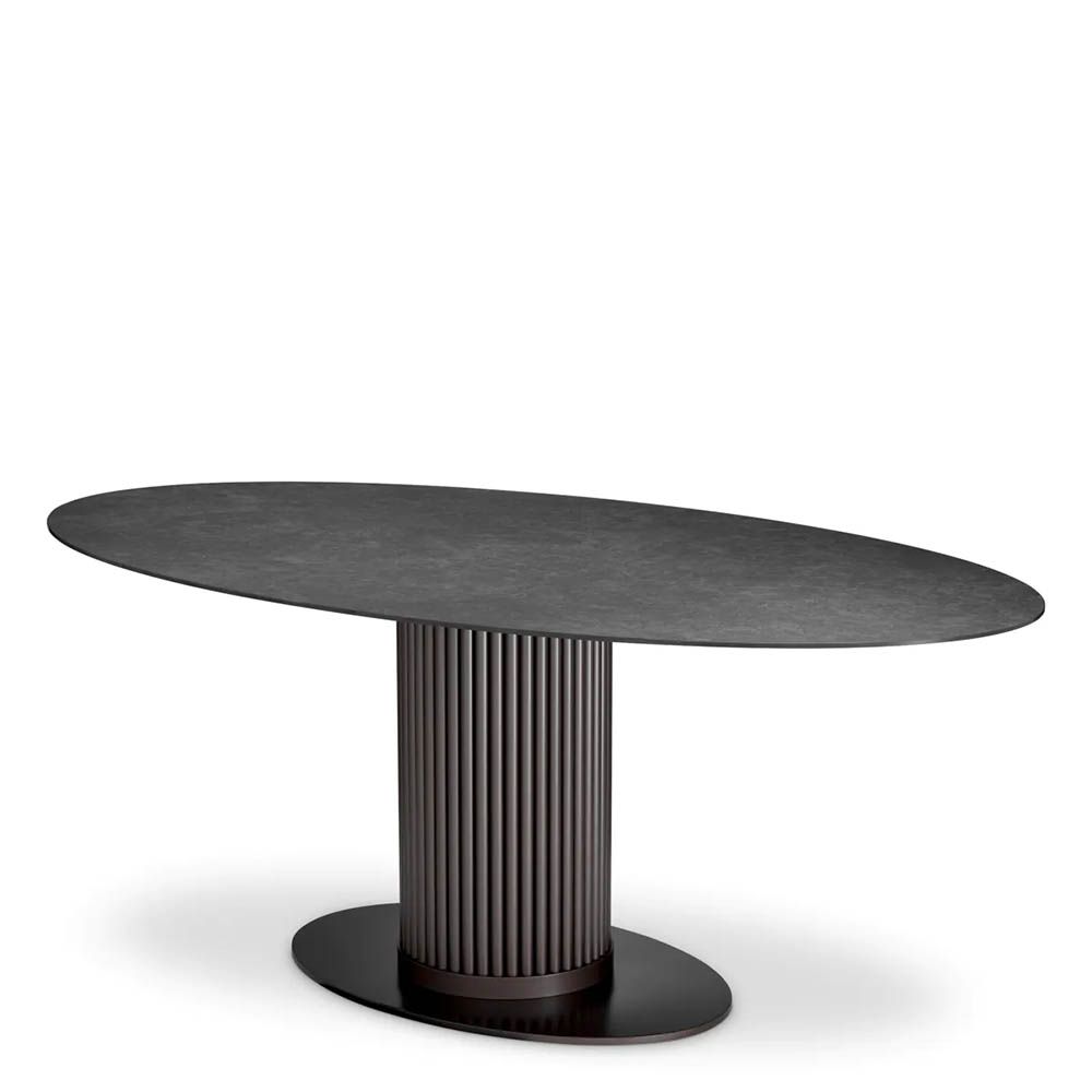 Bronze finished column dining table with ceramic oval top 