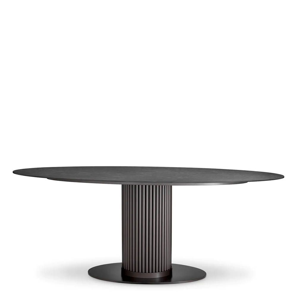 Bronze finished column dining table with ceramic oval top 