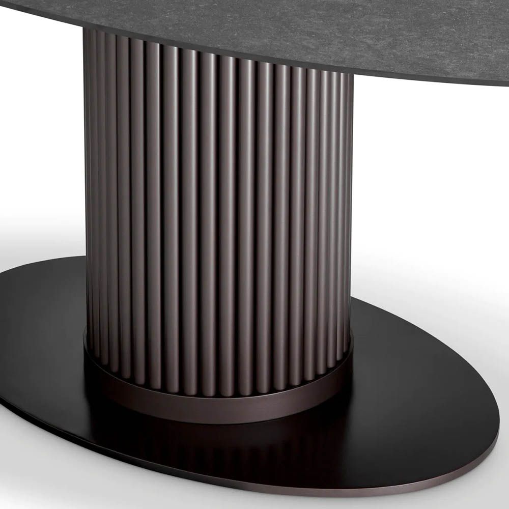 Bronze finished column dining table with ceramic oval top 