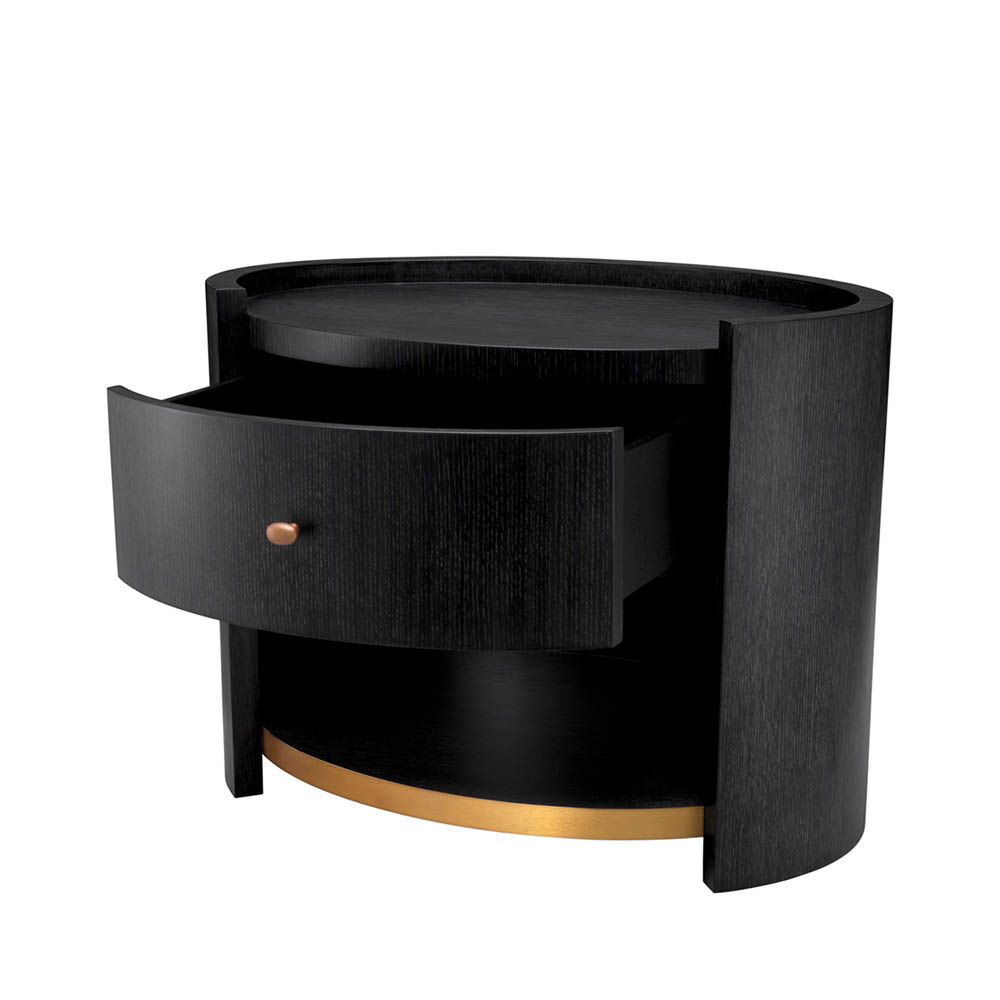 Charcoal grey bedside table with brass accents