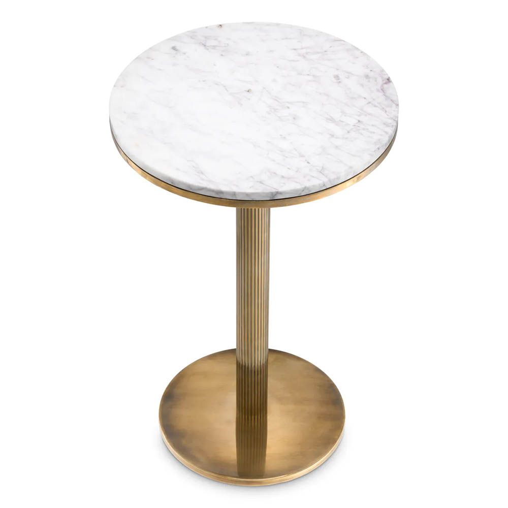 Luxurious white marble round top side table enhanced with vintage brass finish