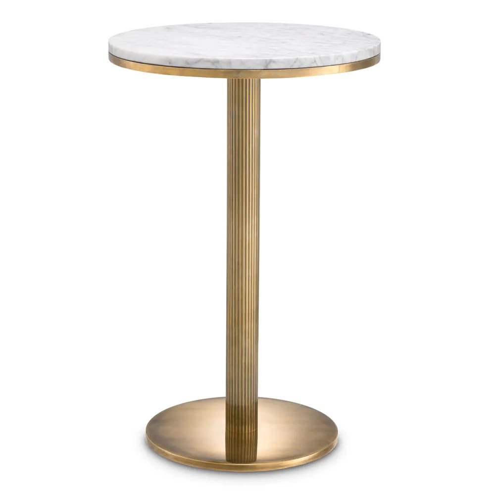 Luxurious white marble round top side table enhanced with vintage brass finish