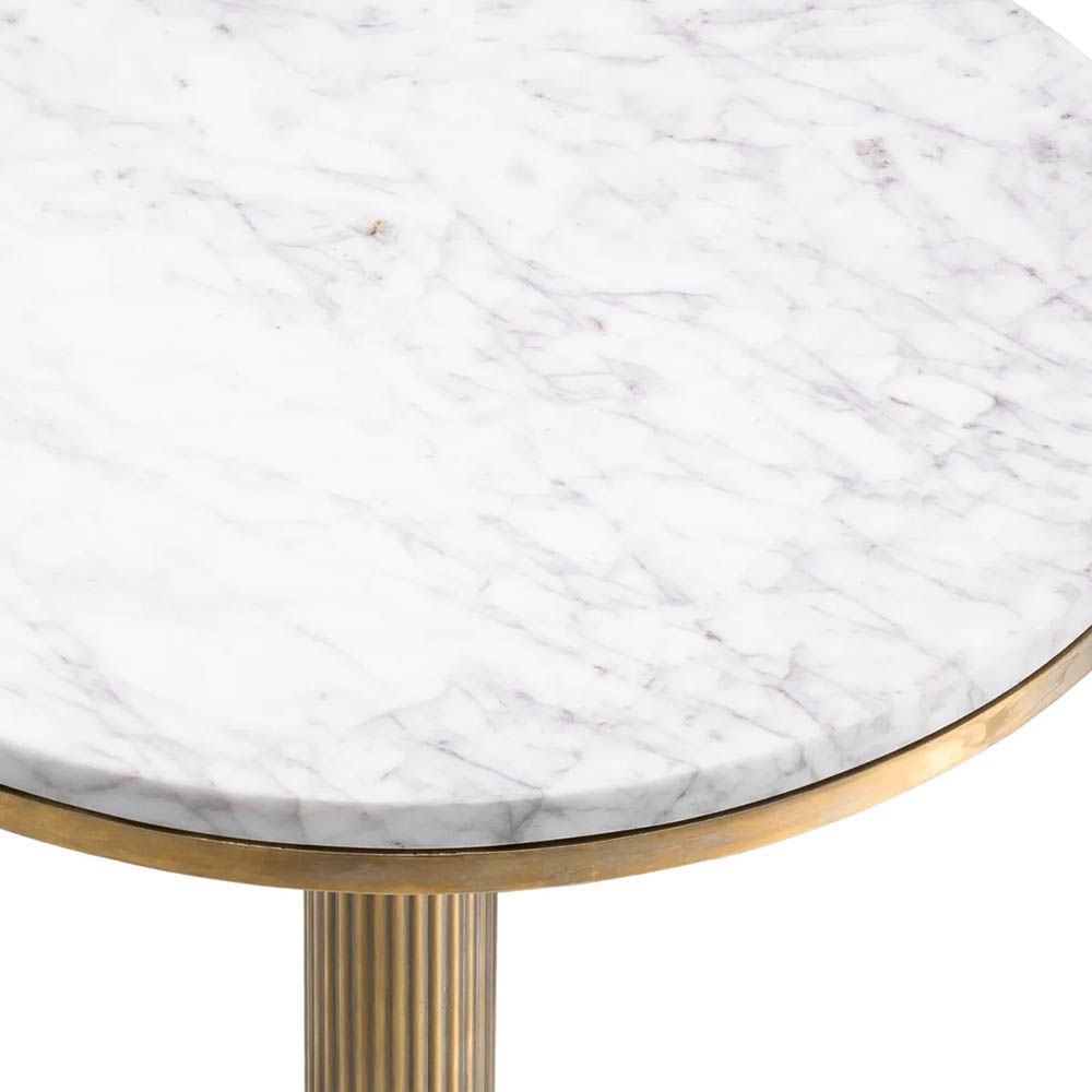 Luxurious white marble round top side table enhanced with vintage brass finish