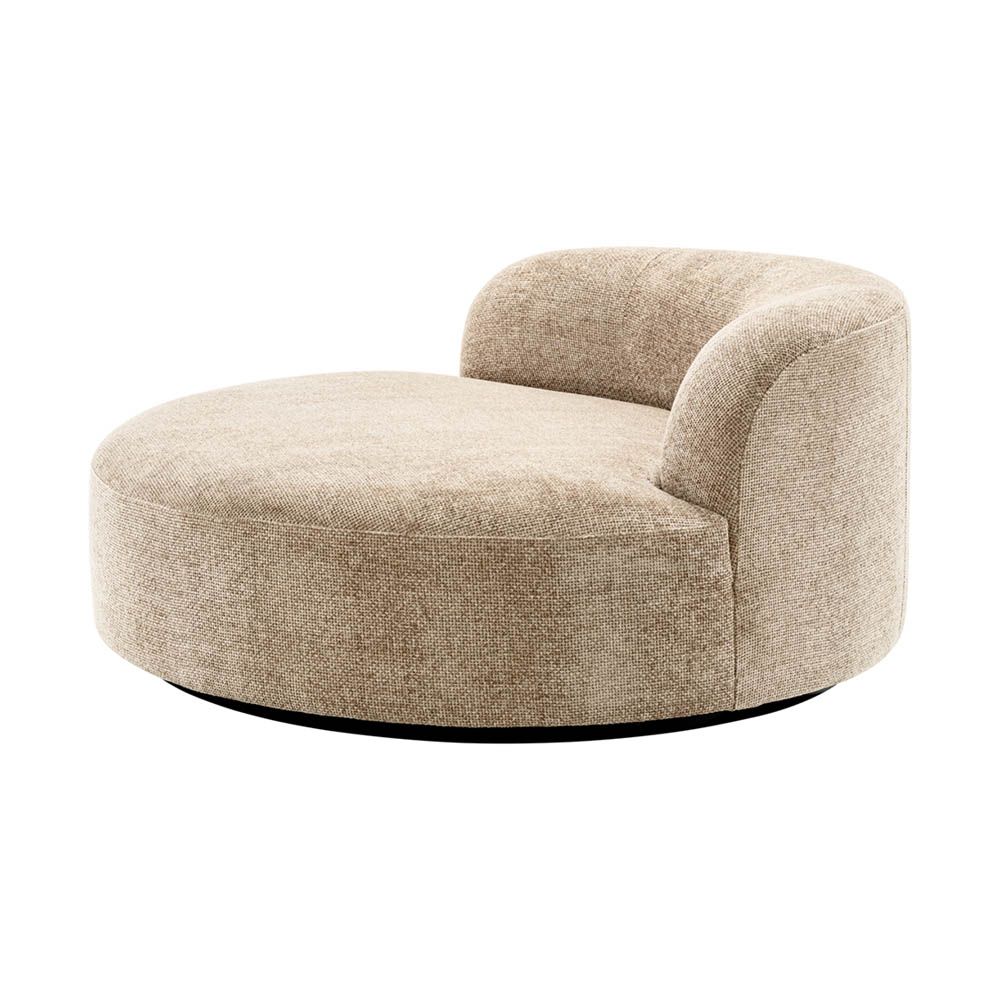 Sumptuous round sofa upholstered in soft Lyssa Sand fabric