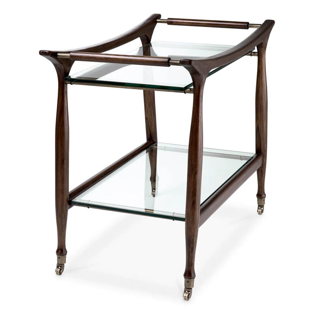 Elegant trolley with its timeless brown finish and clear glass top